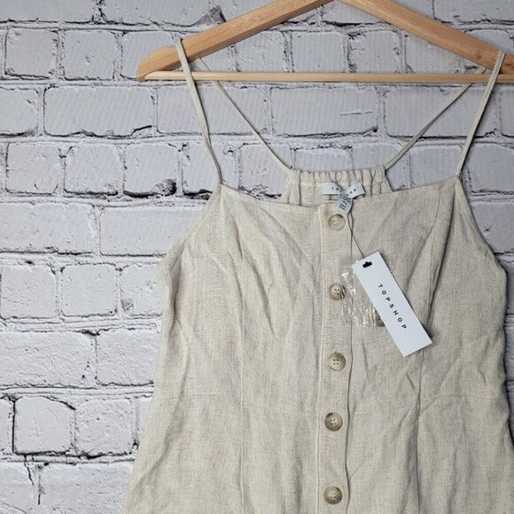 Topshop Beige Tan Linen Blend Button Accent Sleeveless Dress NWT Size US 6 - Picture 4 of 13